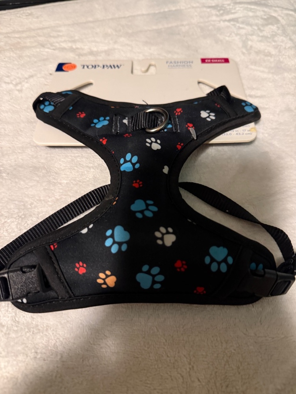 Top Paw Black Harness with Blue, White, Red & Orange Paw Prints